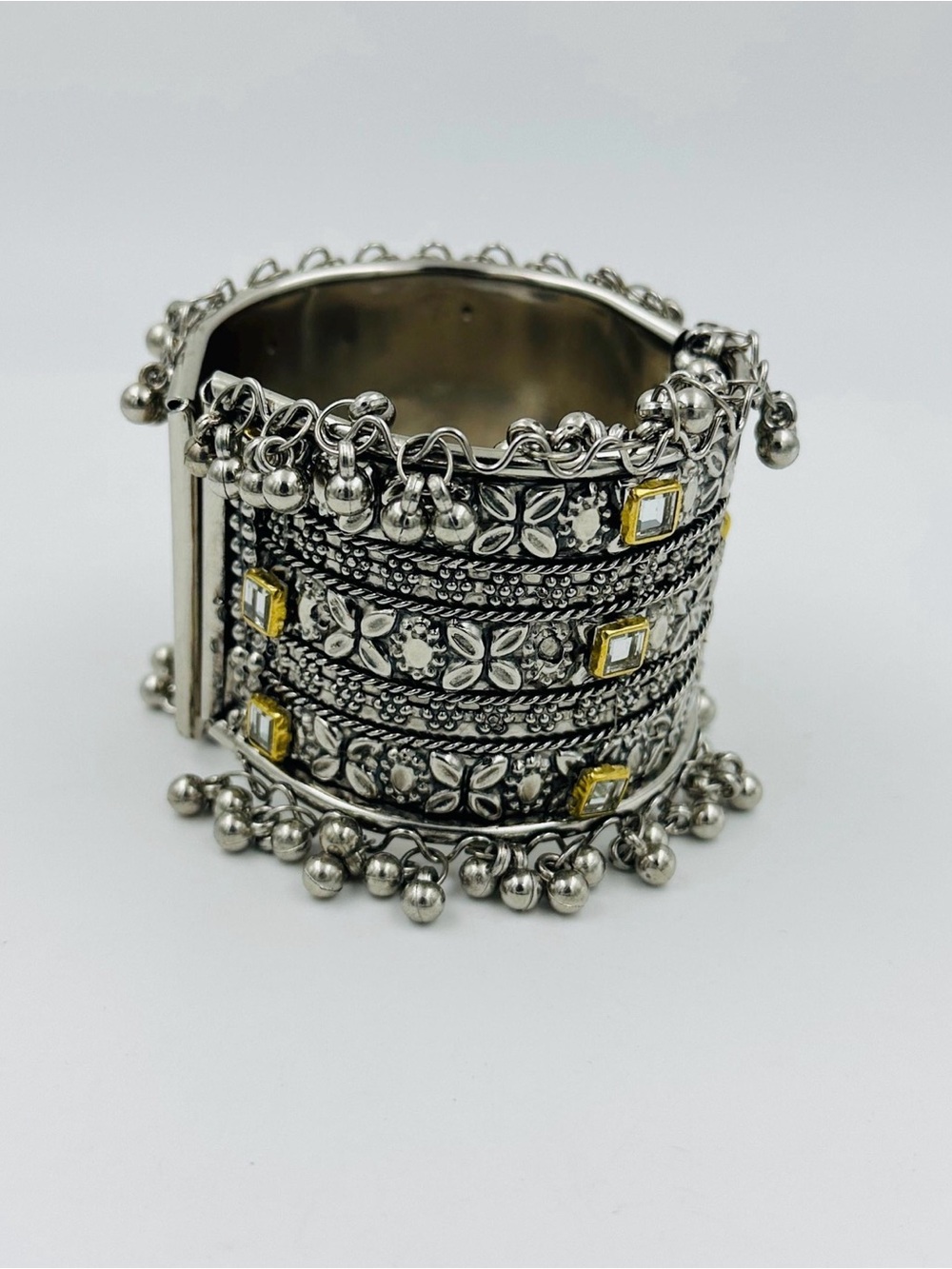 Silver-Tone Floral Cuff Bracelet with Yellow Accent Stones - Women Jewelry